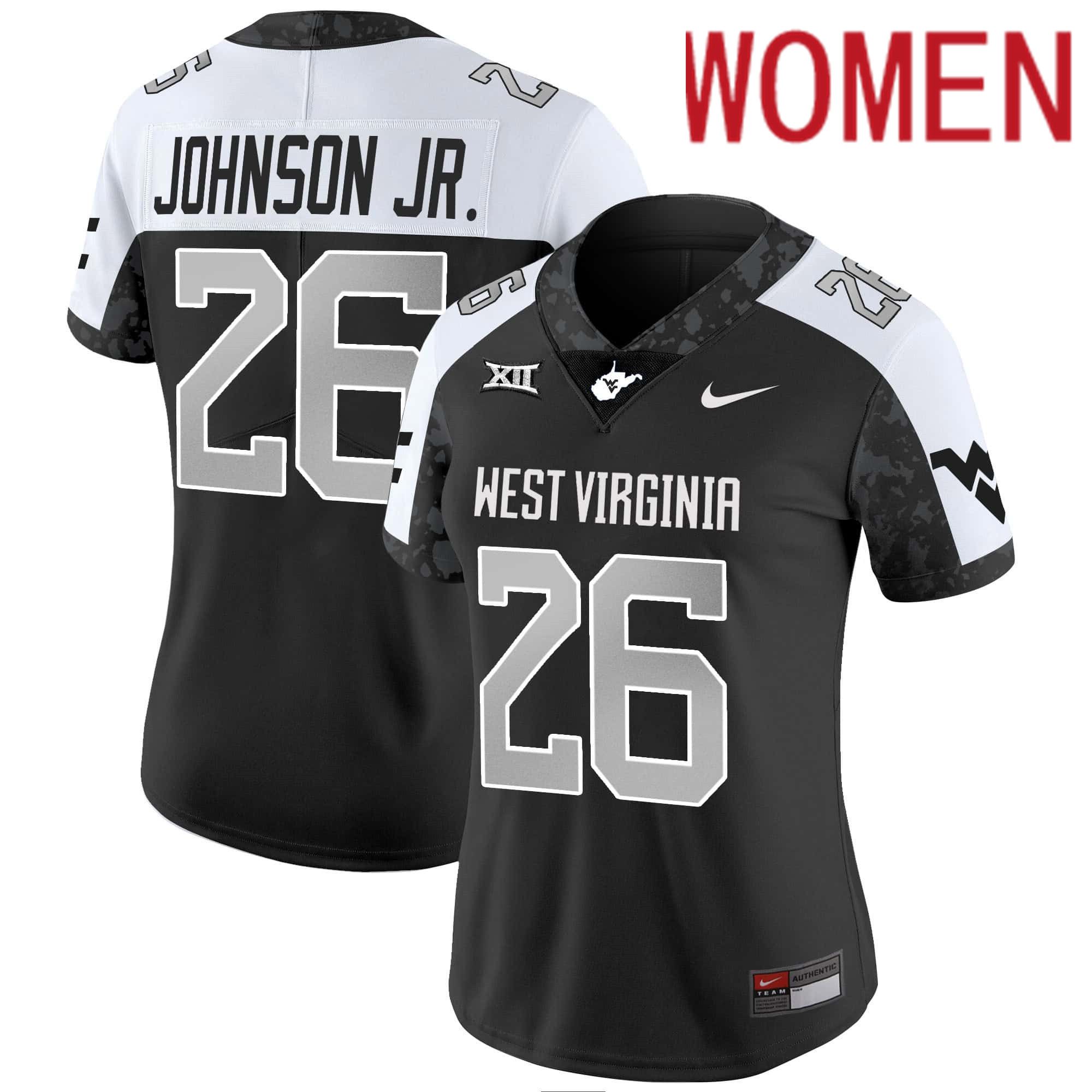 Women West Virginia Mountaineers #26 Johnson jr Black 2024 Nike Vapor Limited NCAA Jersey style 1->women nfl jersey->Women Jersey